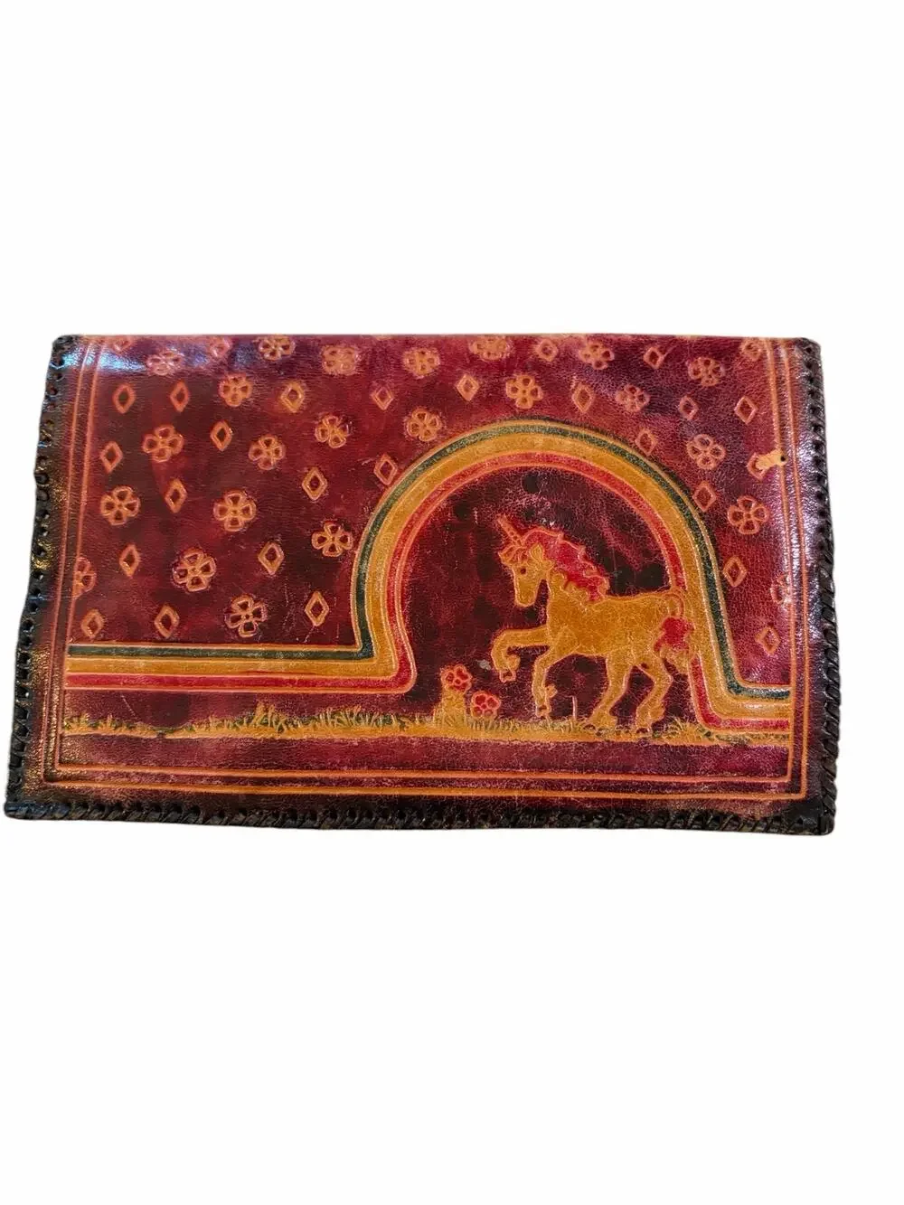 Vintage Shantiniketan Tooled Leather Unicorn Clutch Wallet Boho Handcrafted